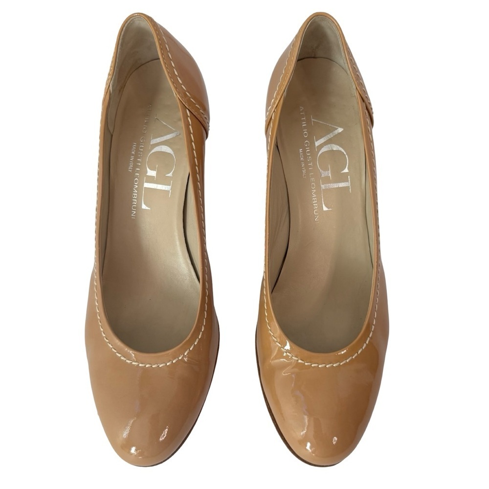 AGL Tan Patent Leather Pumps Heels Round Toe White Contrast Stitching Size 40.5 - Picture 4 of 12